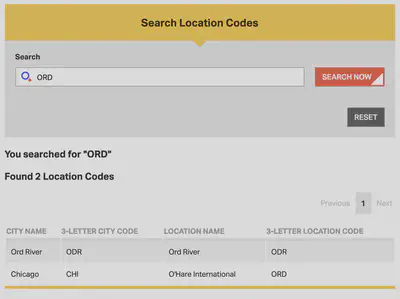 Screenshot of IATA search results for ORD